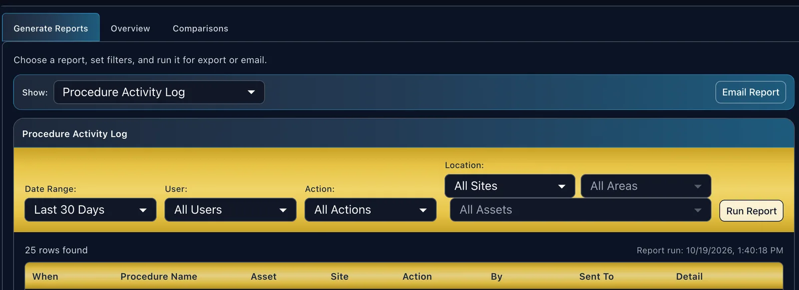 Reports — Procedure Activity Log with date range, user, action, and location filters