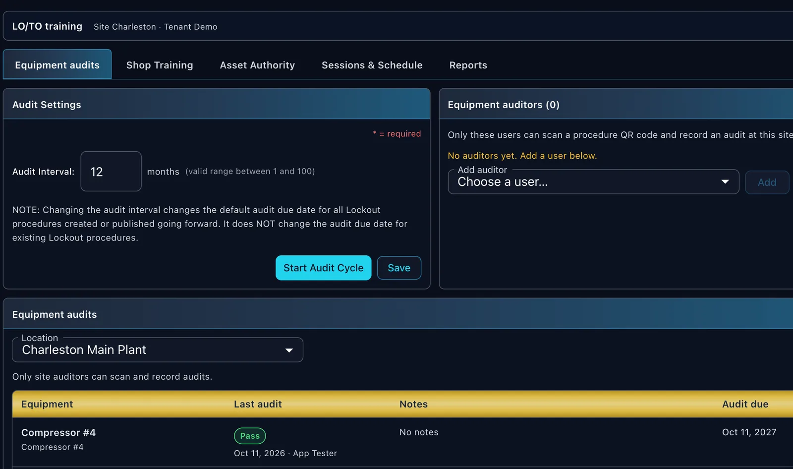 Training / Audit — Equipment audits with the site audit interval, Start Audit Cycle, auditor list, and equipment by location with last audit and audit due
