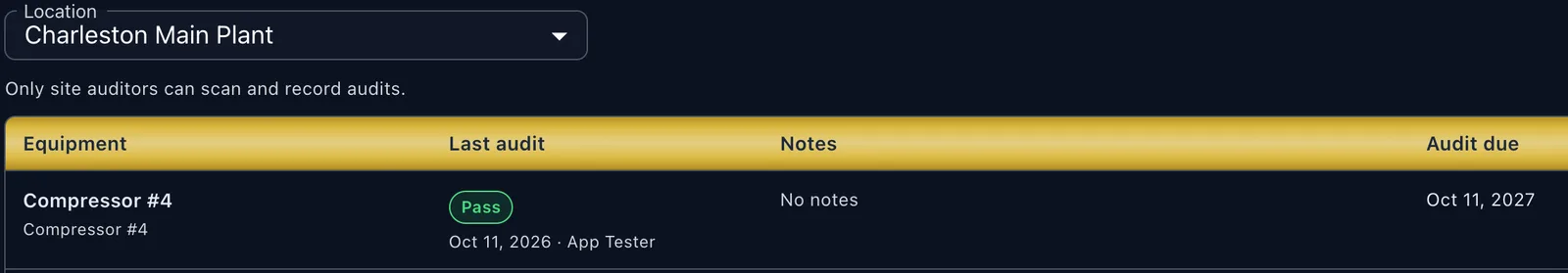Equipment audits — a recorded Pass with the audit date, auditor, notes, and the next audit due date